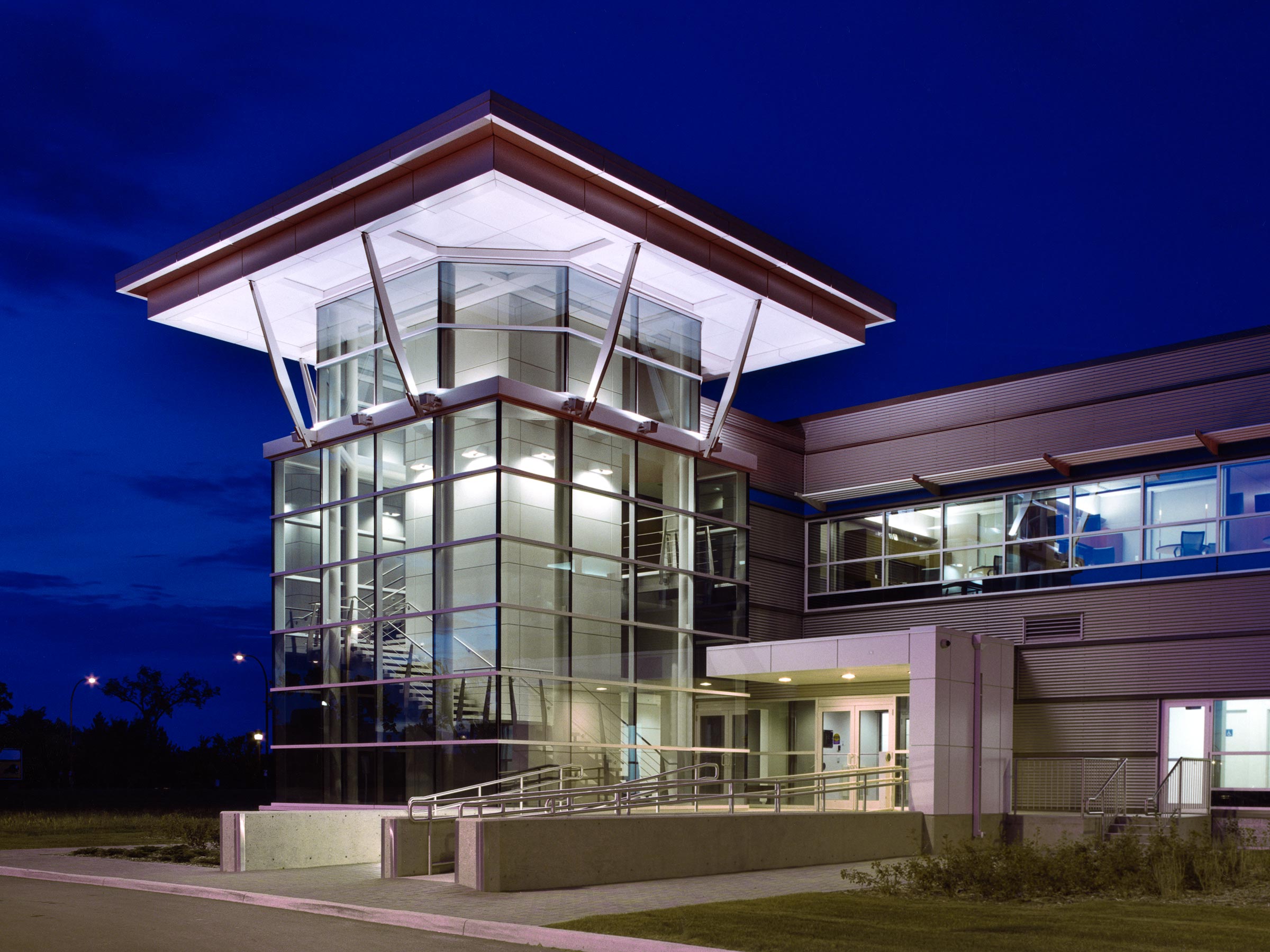Exterior of Emergent BioSolutions in the evening.
