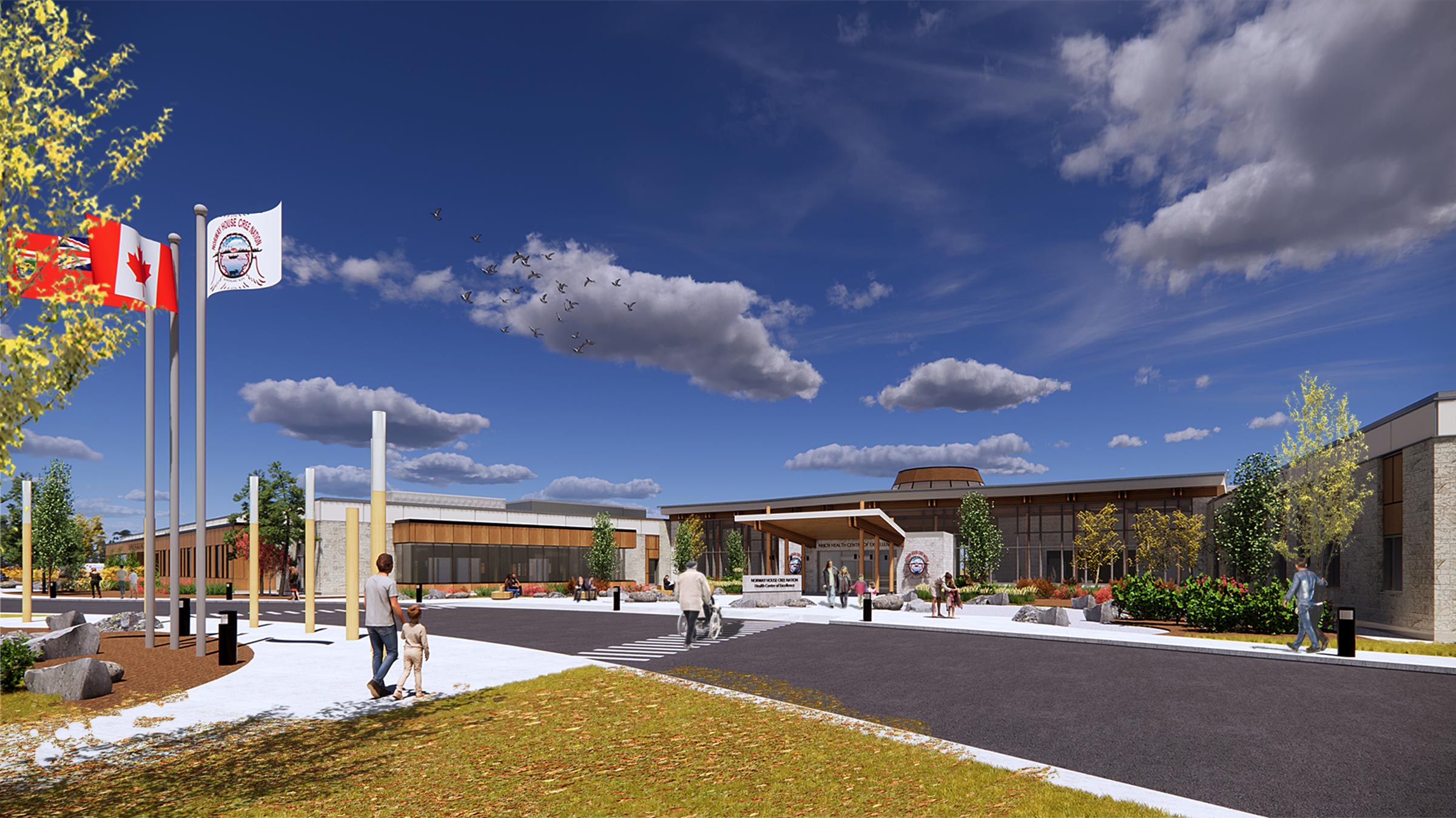 Norway House Cree Nation Health Centre of Excellence exterior rendering from the front.