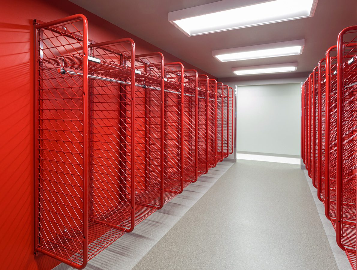 Red lockers in the Fire Hall.